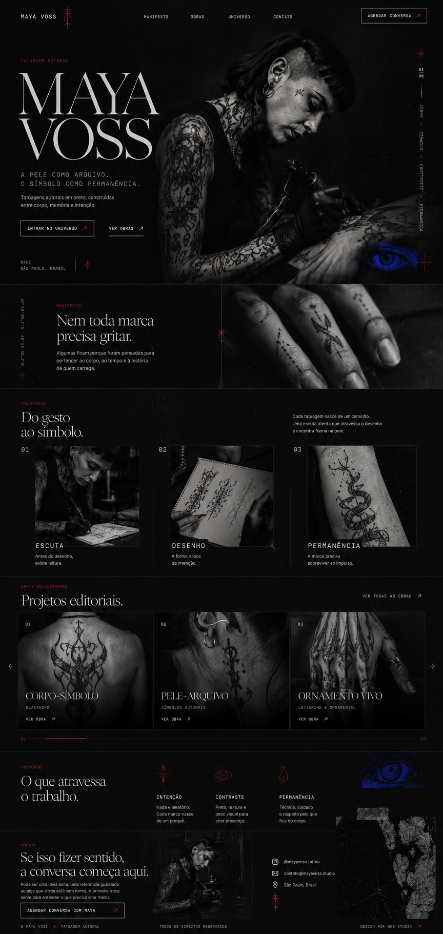 Layout Experience do Web Studio para Maya Voss, portf&oacute;lio imersivo premium com est&eacute;tica editorial futurista.