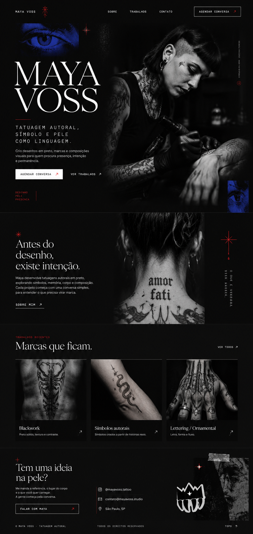 Layout Start do Web Studio para Maya Voss, tatuadora autoral, mostrando uma one page essencial e editorial.